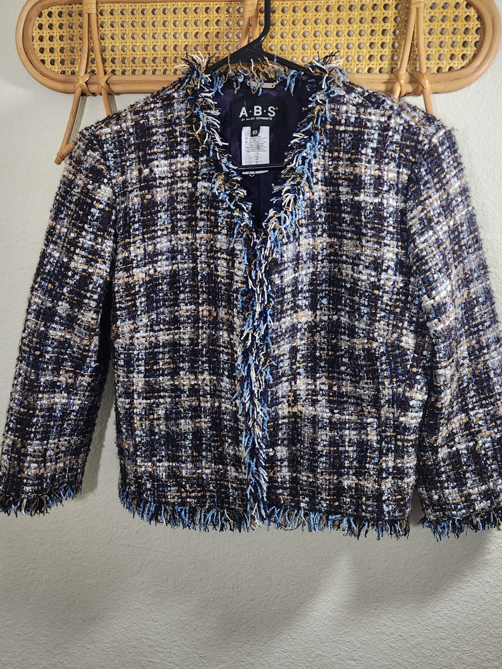 ABS Allen Schwartz Navy, Cream & Light Blue Tweed Fringe Jacket